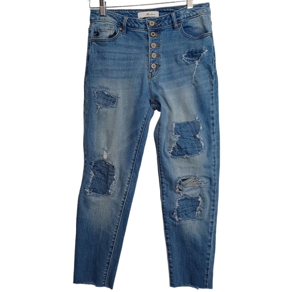 KanCan Jeans Destroyed‎ Patchwork Button Fly Blue Denim Womens Size 7/27